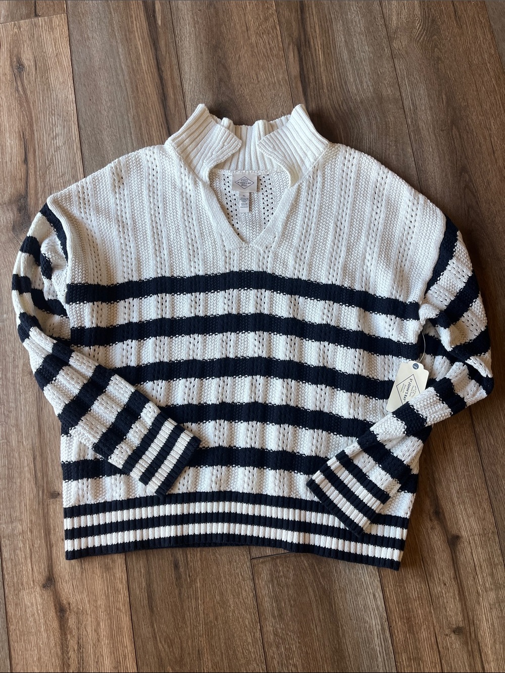 St. John's Bay Cream and Black Striped V-Neck Sweater